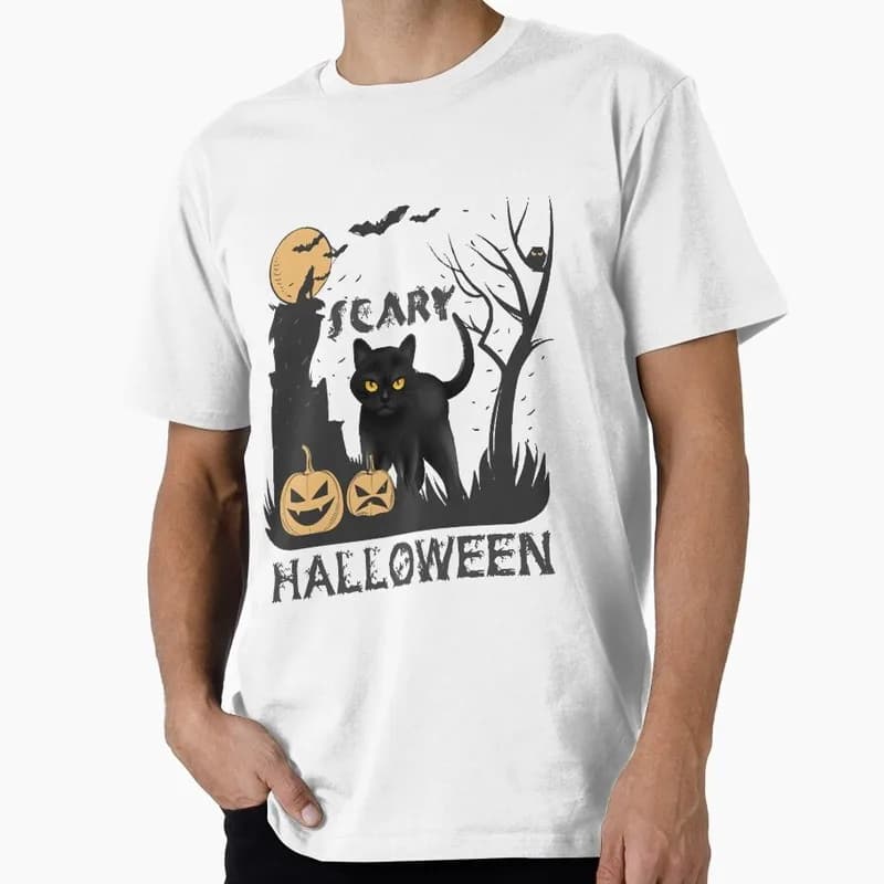 Scary Black Cat Pumpkin Halloween Gift T Shirt Funny Spooky Cat Lover Tee Unisex Trick or Treat Costume Party Short Sleeve Tops