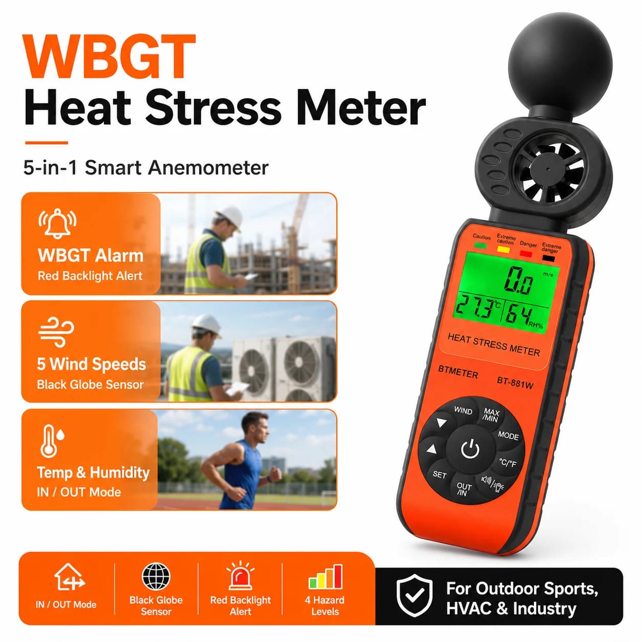 HOLDPEAK Handheld Anemometer Wind Speed Gauge Ambient Temp Humidity WBGT Meter For HVAC Sailing Marathon Military Training
