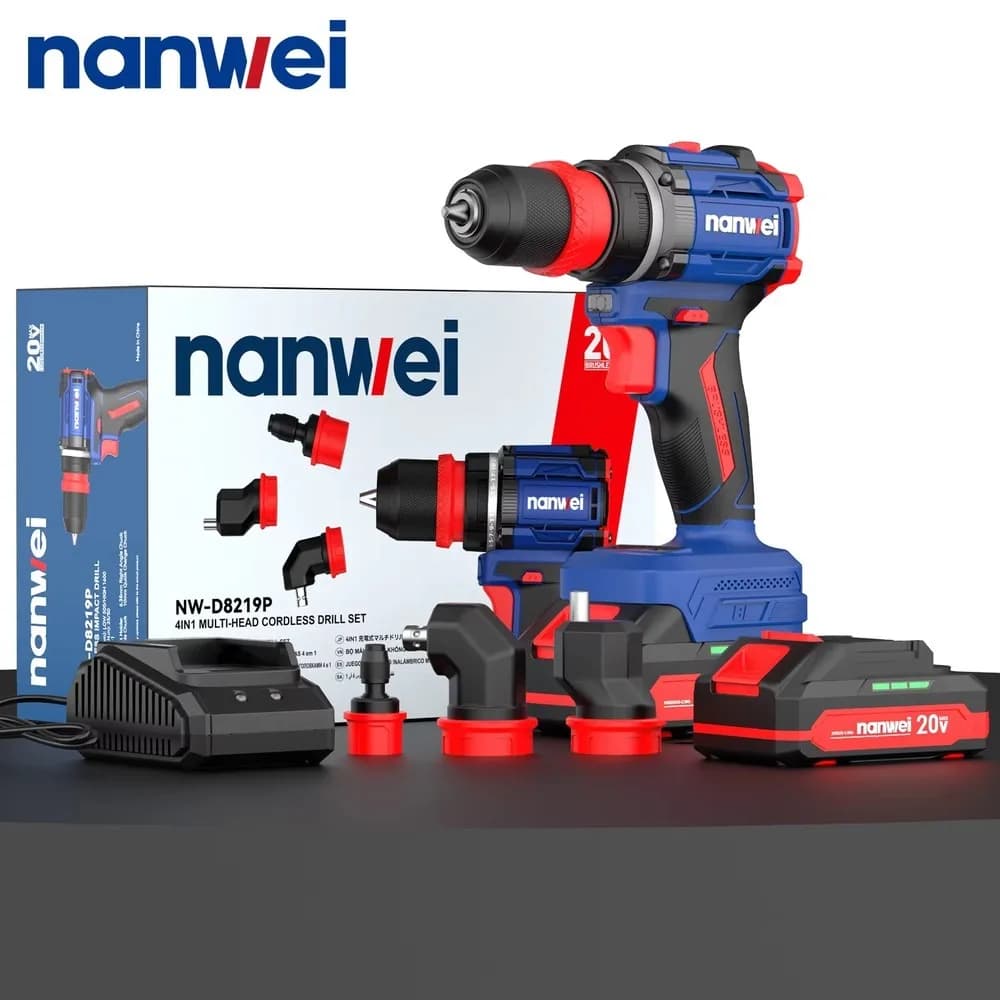 20V Brushless Cordless Drill 4-in-1 Multi-Head Keyless Chuck 10mm Max Drilling Diameter Power Tool for DIY Metal Wood