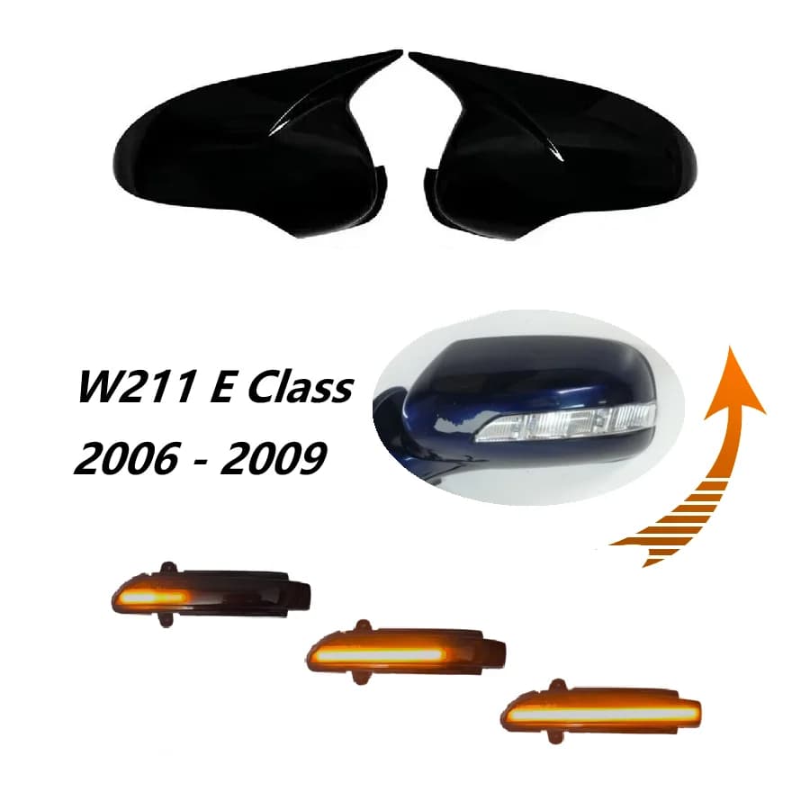 for Mercedes Benz E Class W211 2006 2007 2008 2009 Gloss Black Horn Stylish Wing Mirror Stick-on Cap Dynamic Blinker Upgrade Set