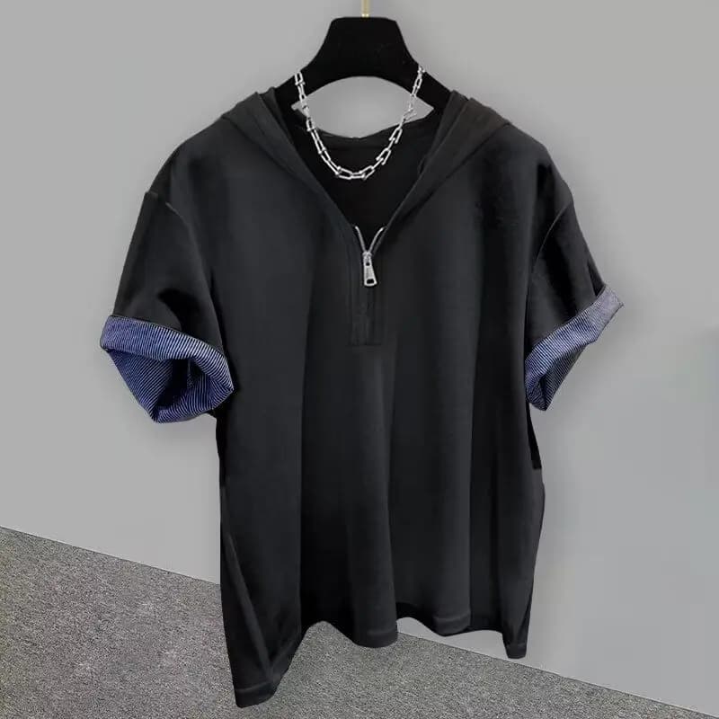 Men's Summer Korean Style Fashion Solid Color Loose Half Zip Hooded Short Sleeve T-shirt Striped Splicing Casual Hoodie New  Tee
