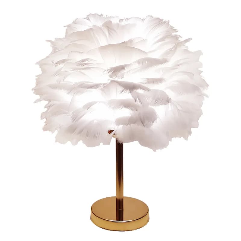 Bedroom gold pole minimalist style white feather lamp, creative bedside wedding feather table lamp