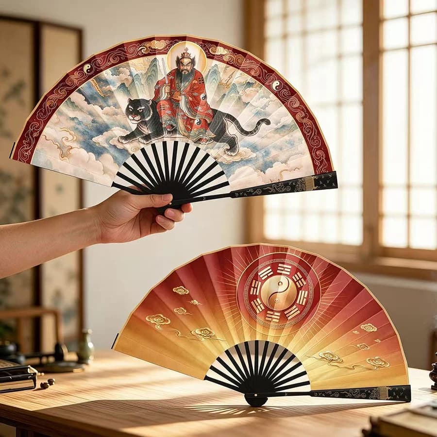 Zhang Tianshi Taoist Folding Fan | Bagua Black Tiger Fabric surface Fan | Chinese Bamboo Hand Fan for Home Decor & Feng Shui