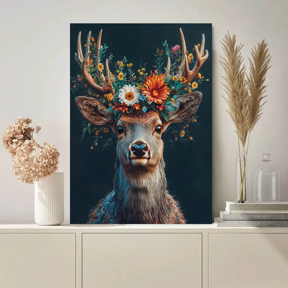 Majestic Deer Portrait with Floral Antlers Canvas, Woodland Animal Wall Art, Nature Home Decoration, Boho Rustic Canvas Print