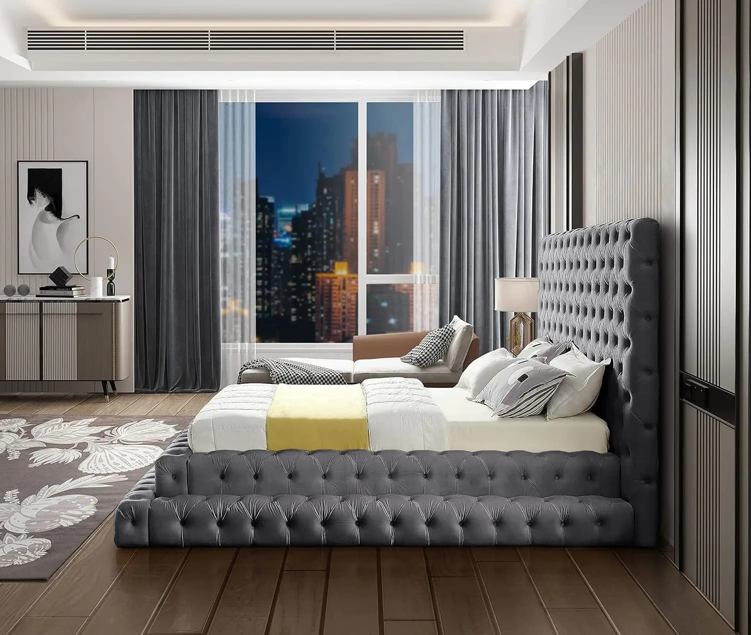 Meridian Furniture RevelGrey-Q Revel Collection Modern | Contemporary Grey Velvet Upholstered Bed with Deep Button Tufting