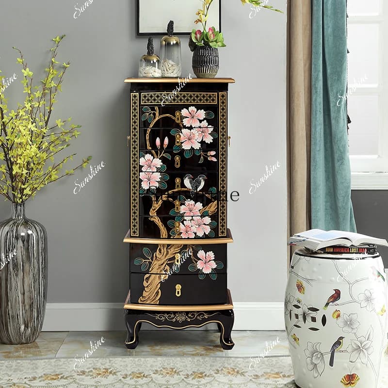 Painted chest cabinet, bedroom black paint with mirror storage cabinet, new Chinese storage cabinet  FT