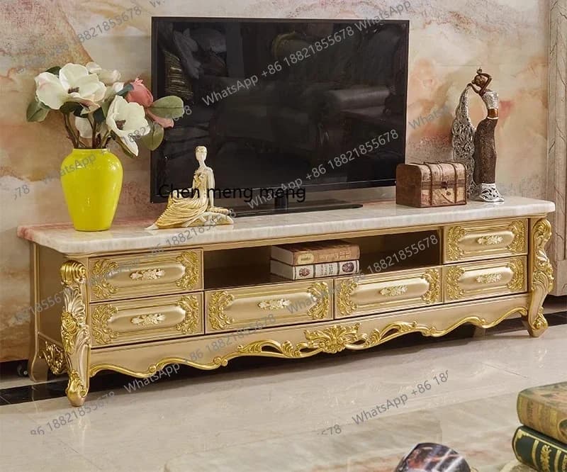 ZJEuropean marble TV cabinet coffee table combination living room small apartment champagne gold bedroom storage floor cabinet