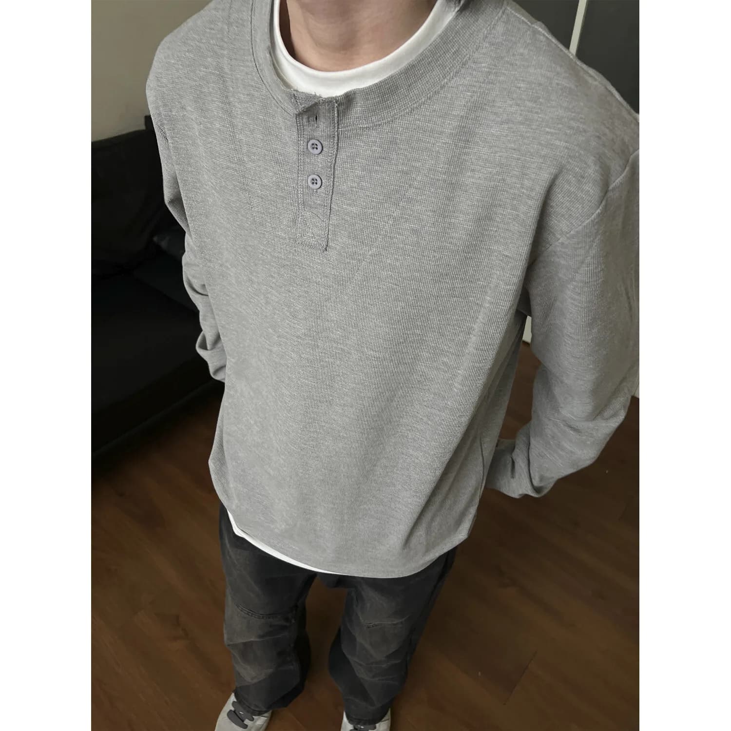 Autumn Winter Men's Fake Two Piece Sweatshirt Waffle Knit Long Sleeve Tee Niche High End Vibe Comfortable Henley Collar Top