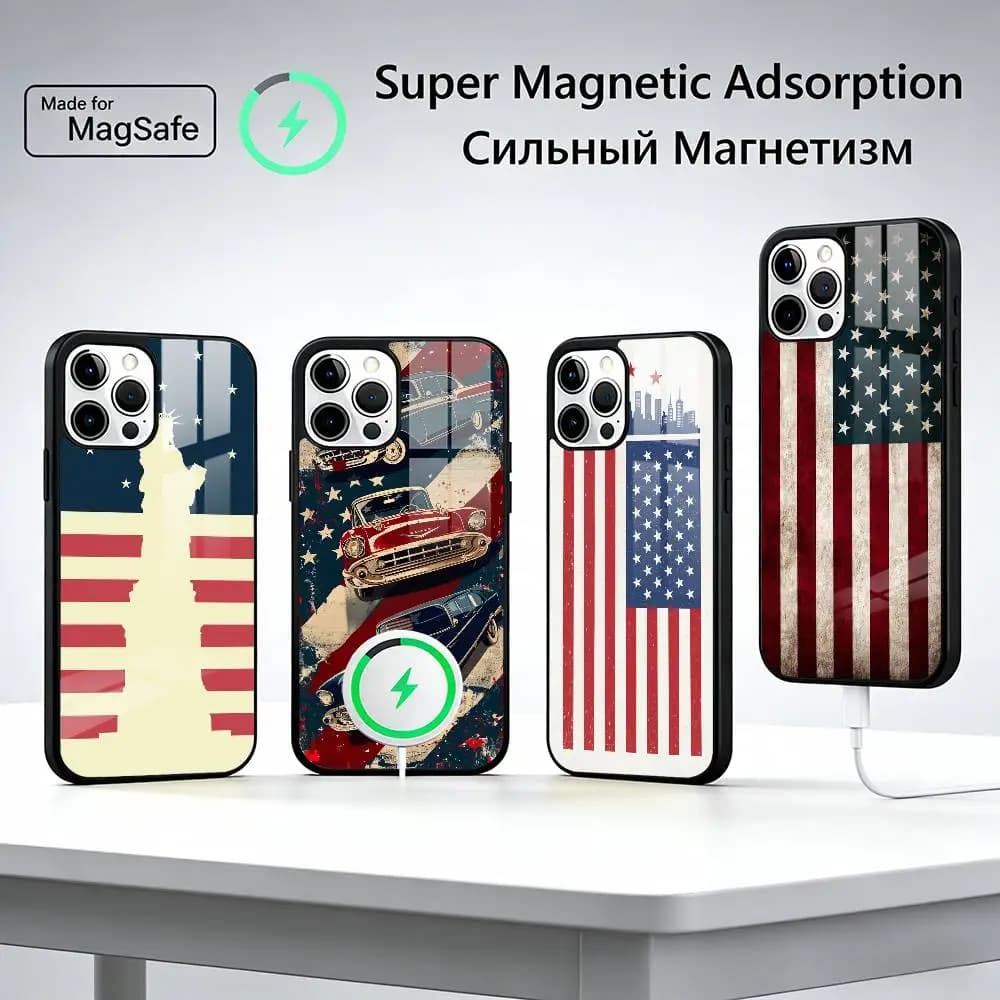 USA A-America Flag Phone Case For iPhone17,16,15,14,13,12,11 Plus,Pro Max, New Magnetic Wireless Charging