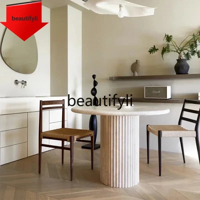 Q181  Nordic cream wind tunnel stone dining table light luxury high-end round marble small apartment French living room round ta