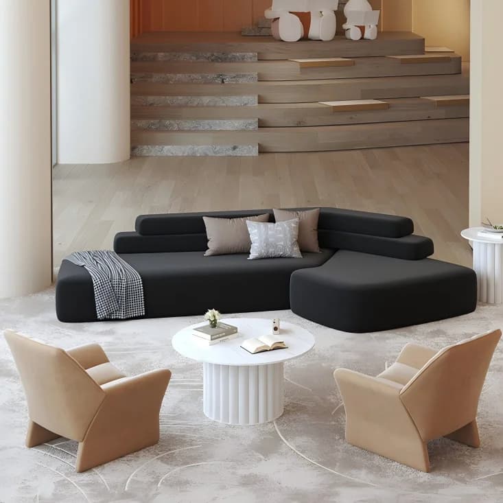 #Modern Minimalist Black Fabric L-Shaped Sectional Sofa Set With Coffee Table for Living Room Apartment Hotel Lobby Furniture