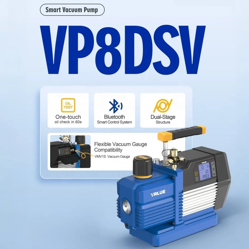 Vacuum Pump VP8DSV 220V/50Hz Dual-Stage A2L  (240L/min) with Smart Remote Operation & VMV1S Vacuum Gauge