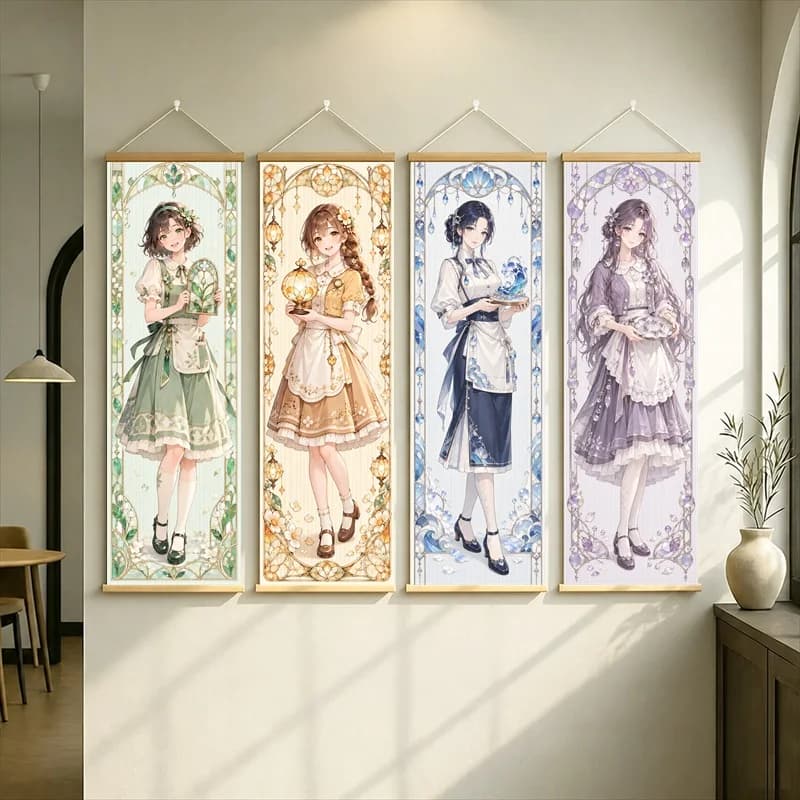 Anime Girls in Frilled Dresses Hanging Scroll with Green, Gold, Blue and Lavender Floral Borders for a Quiet Bedroom