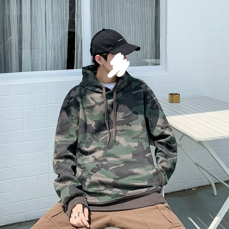 fall camouflage print men long sleeve hooded t shirts teenagers Harajuku Korean fashion Casual all-match oversized pullover tops