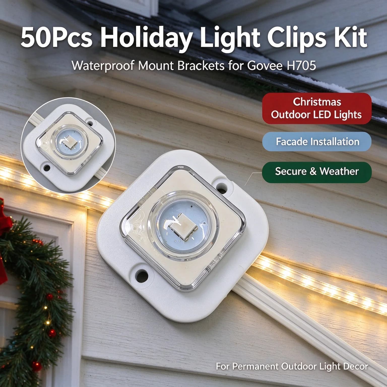 50Pcs Weatherproof Holiday Light Clips Kit for Govee H705, Christmas Outdoor LED Facade Mount Brackets