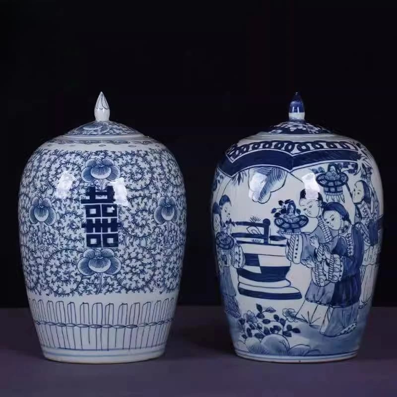 Retro blue and white porcelain happy character vase classical maid storage tank tea can home ornament