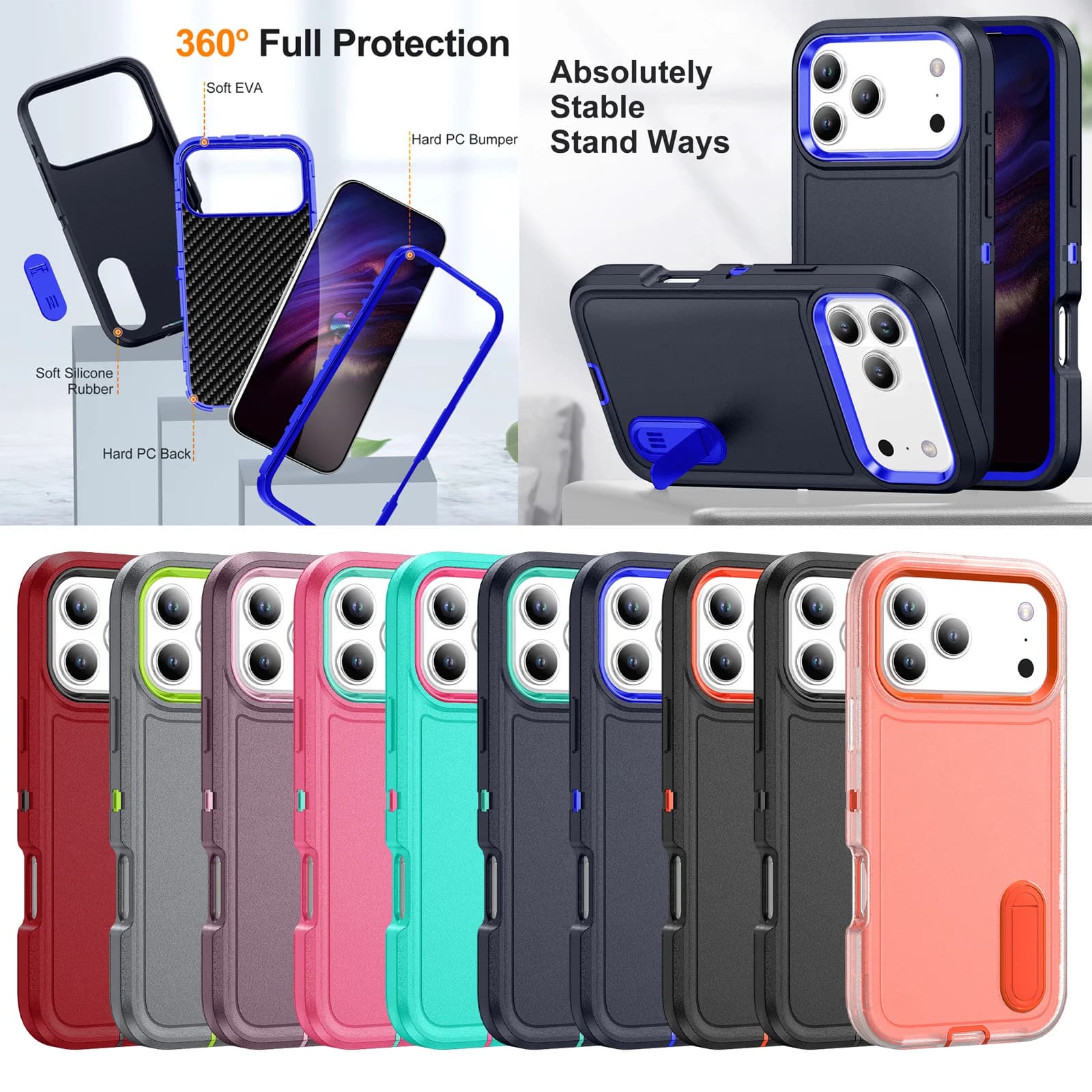 Phones Cases For iPhone 17 Pro Max Shockproof Case For iPhone 17 16 15 14 13 12 11 Pro Max Hybrid Rugged Hard Cover Stand Shell