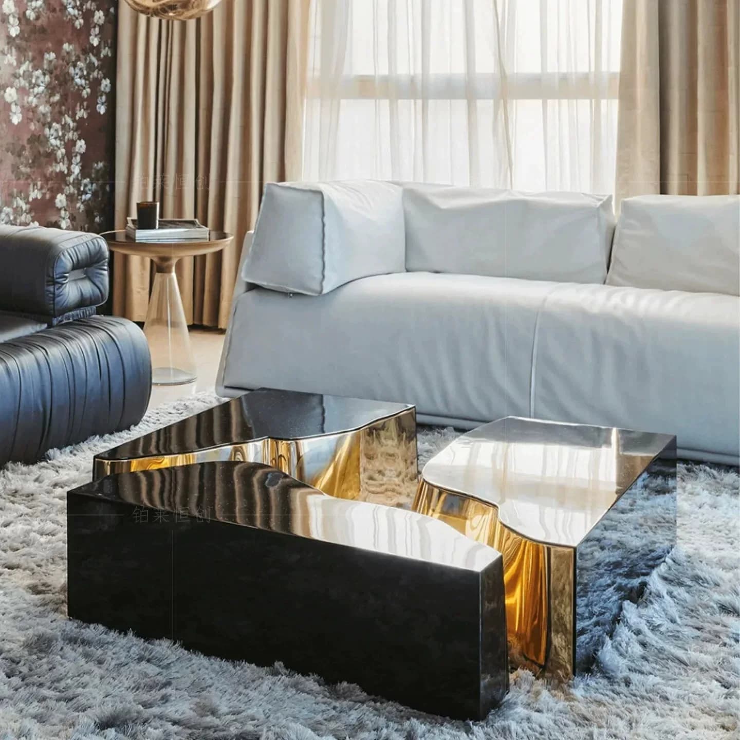 High Gloss Designer Tea Table, Modern Stainless Steel Coffee Table with Gold Accent Inlay, Luxury Geometric Center Table