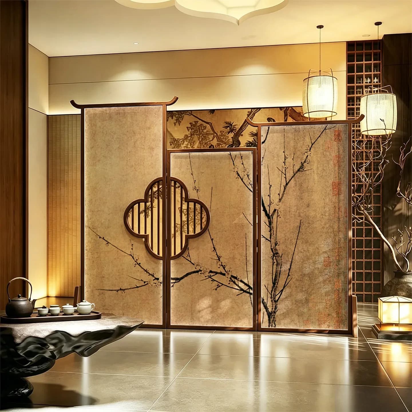 DSA Chinese screen partition Song-style aesthetic tea room hotel clubhouse background wall decoration foldable mobile solid