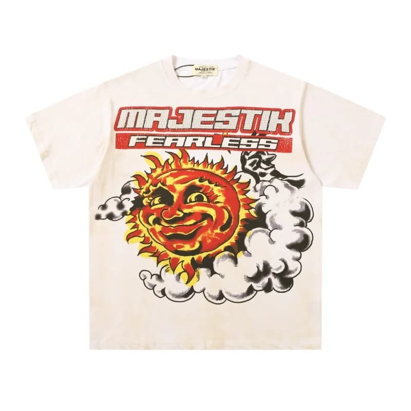 Majestik Streetwear Sun Print Washed Rhinestone Lettering Summer Oversized Men's Women's T-Shirts Tops