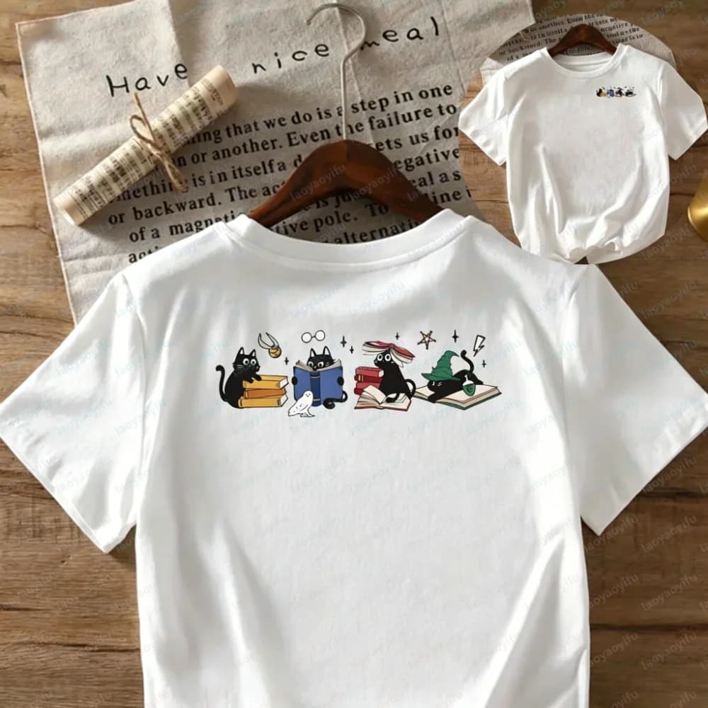 Wizard Black Cat Book Lover Graphic T-Shirt Casual Cotton Short Sleeve Magic Fantasy Cat Print Funny Outdoors Quality Cotton Tee