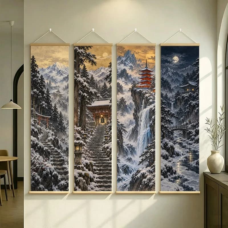 Snowy Mountain Wall Art with Pine Forest, Temple and Waterfalls on Silver Shimmer Canvas for a Moody Bedroom Retreat