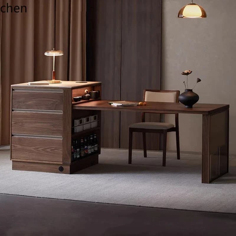 YY- black walnut island dining table integrated small apartment retractable multi-functional storage bar