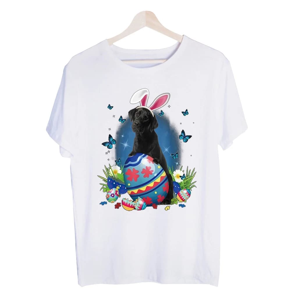 Men's Easter Dog with Bunny Ears Graphic Tee, Short Sleeve Crew Neck T-Shirt for Spring Holiday Casual Wear