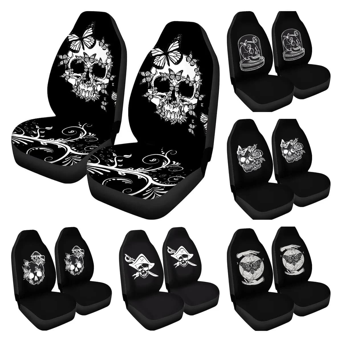 Halloween Skulls Butterfly Design Car Seat Covers Full Set of 2 Flexible Elastic Air Cushion Pad Mats Universal Fits Cars Trucks