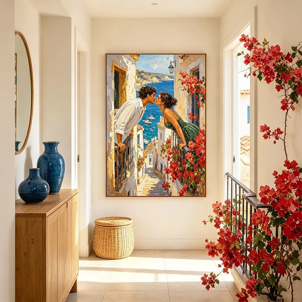 Flower Balcony Couple Kissing Love Wall Art Canvas Painting Nordic Posters and Prints Wall Pictures for Living Room Decor