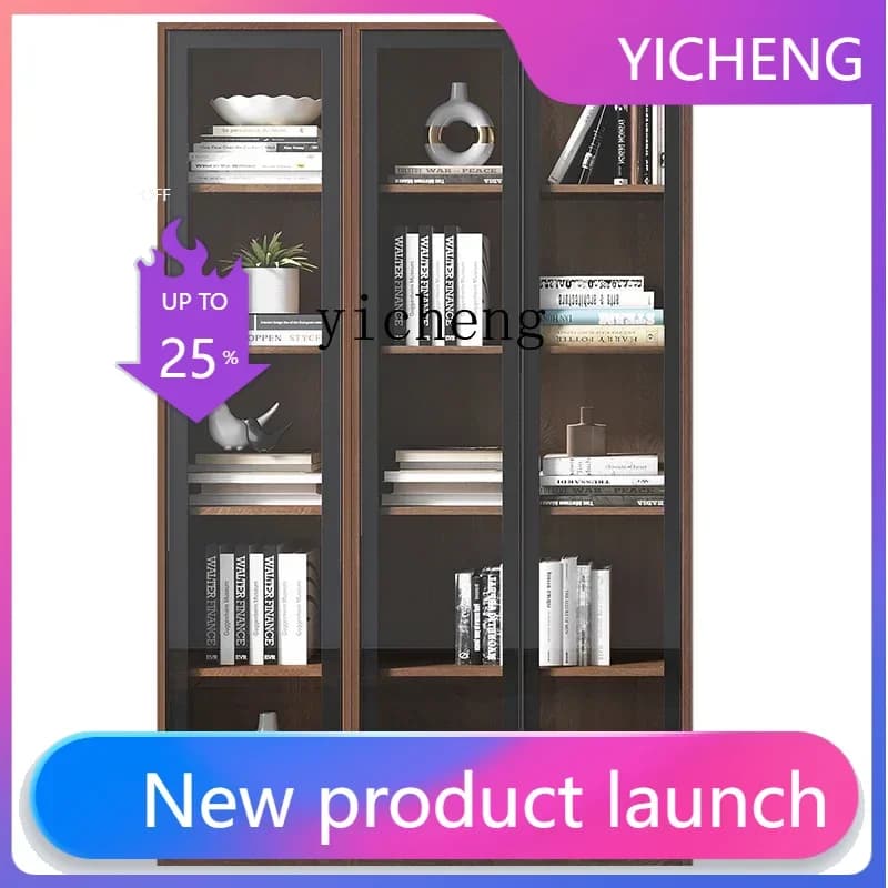 LYY Solid Wood Bookcase Floor Wall Integrated Entire Wall Dust-Proof Bookshelf Glass Door Display Cabinet