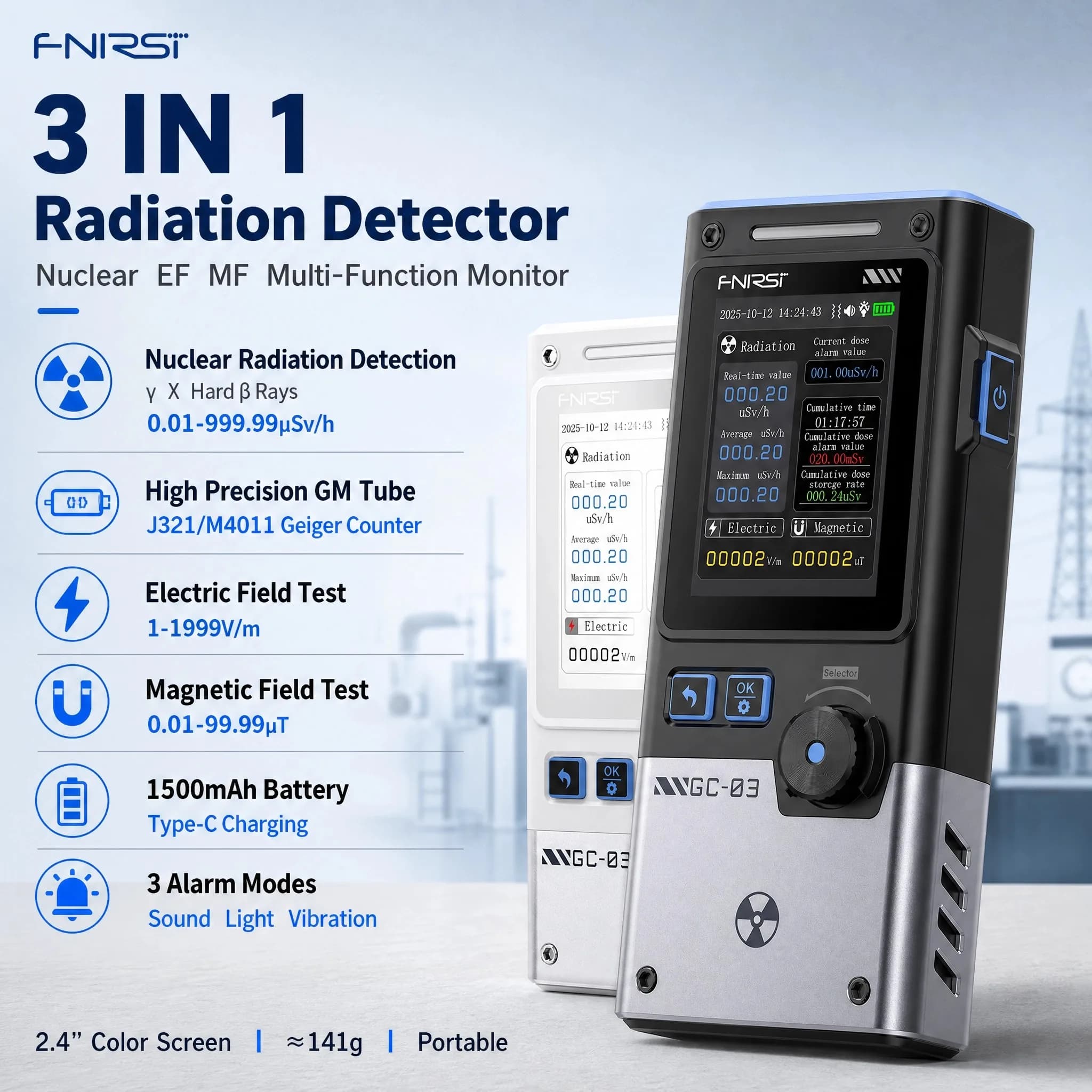FNIRSI Nuclear Radiation Detector 3-in-1 EMF Meter Geiger Counter Dosimeter Beta Gamma X-Ray Rechargeable Portable Handheld