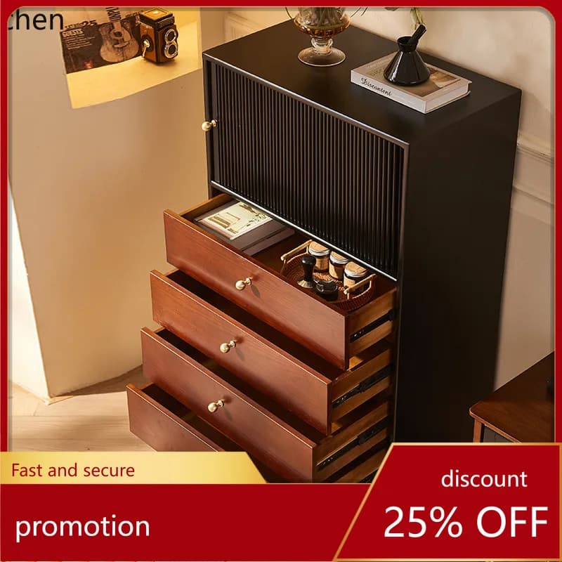 YFY Solid Wood Chest of Drawers Black Roller Shutter Cabinet Door Storage Furniture Bed End Storage