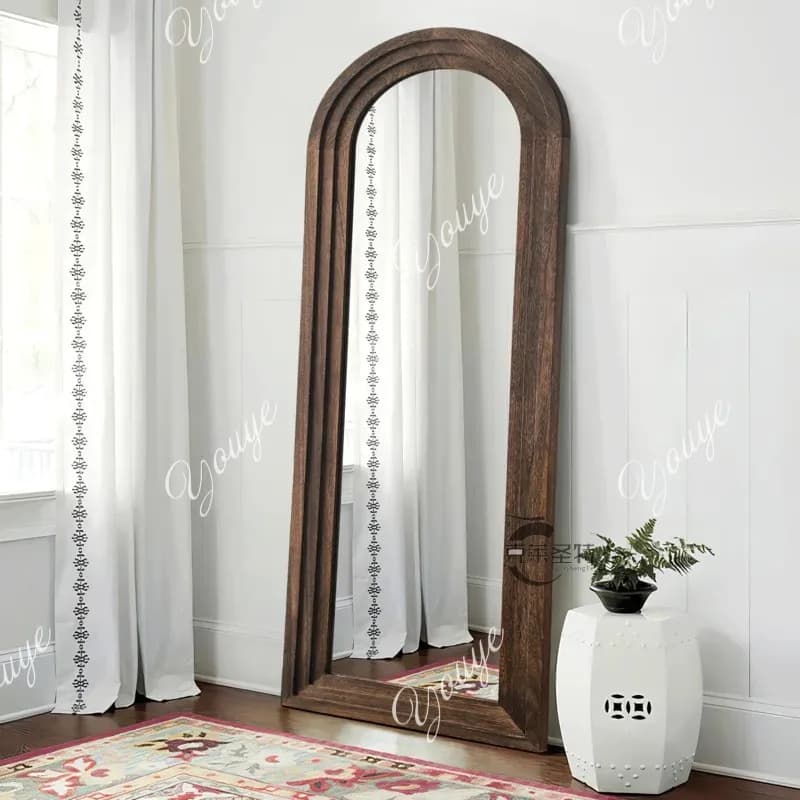 retro full-length mirror wall-mounted arched floor-to-ceiling fitting mirror  wooden frame living room medieval dressing mirror