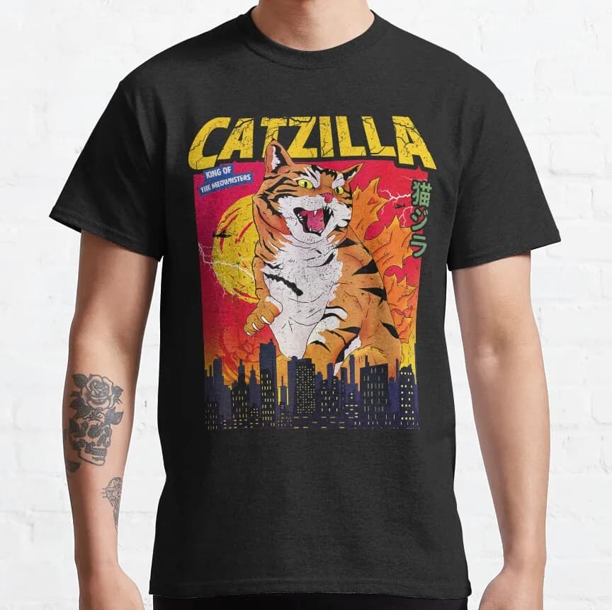 0925 Catzilla King of Monster Gift t shirt for Cat Lover 100% cotton printed Cute kitty Graphic tee Short Sleeve y2k clothes