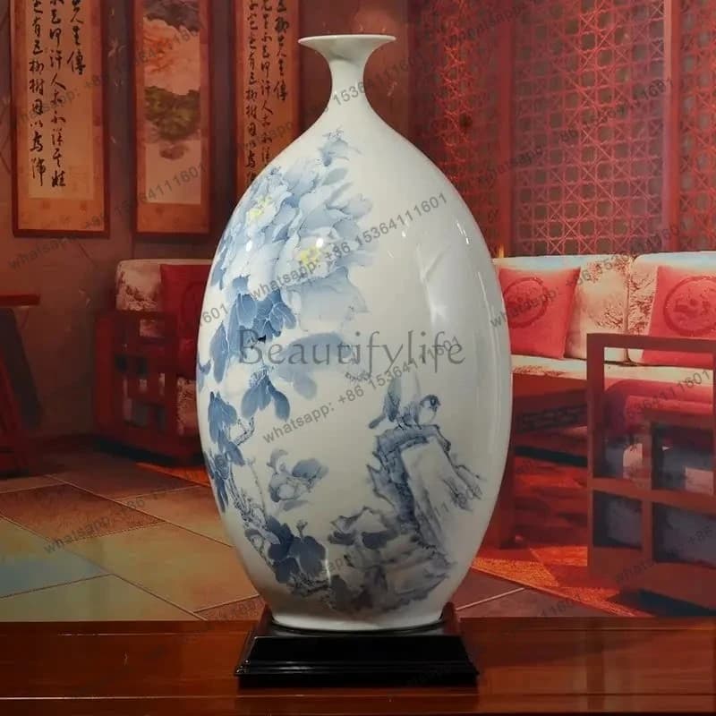 Fugui White Glaze Hand-painted Ceramic Olive Vase Chinese Classical Living Room Bogu Rack Wine Cabinet Ornament