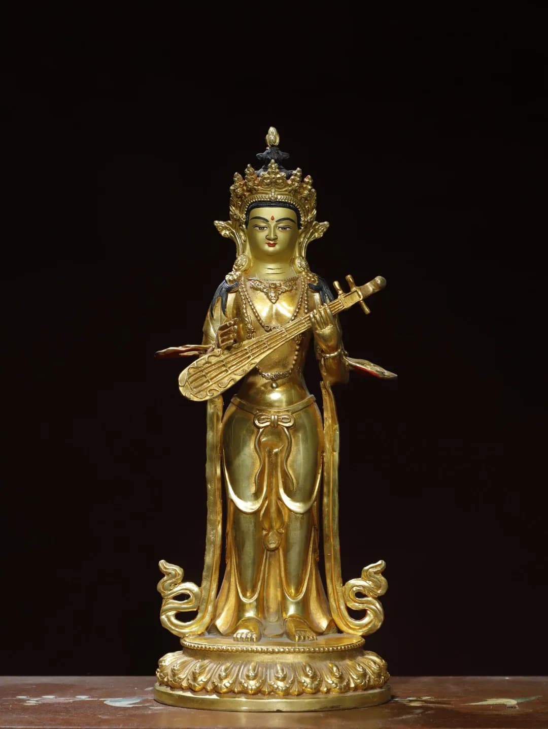 13"Old Bronze Gilded Cinnabar High Relief Palden Lhamo Buddha Lotus Terrace Standing Buddha Amitabha