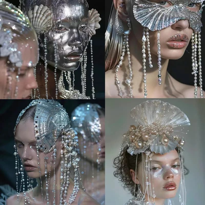 Ocean mermaid shell pearl tassel headpiece runway show makeup styling photography conch hair accessory fairy shark