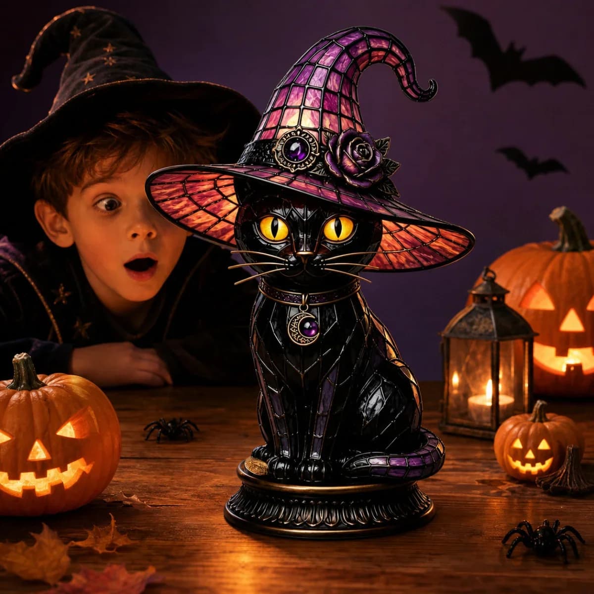 18cm LED Cat Lamp Witch Hat Stained Glass Night Light Halloween Table Lamp Indoor Home Room Decoration Gift For Cat Lovers