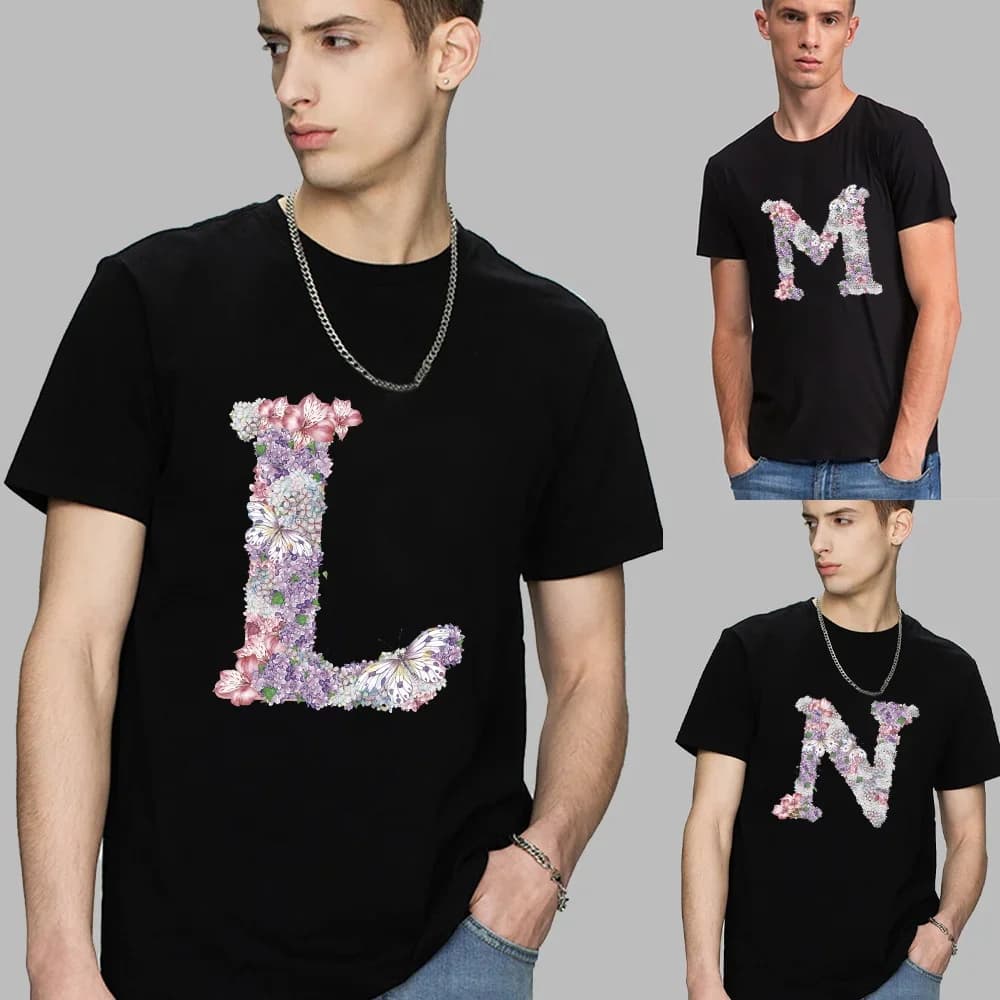 Men's T-shirt Basic Short Sleeve Top Streetwear Rose Flower Letter Name Series Print Casual O-neck Youth Men's Commuter Shirt
