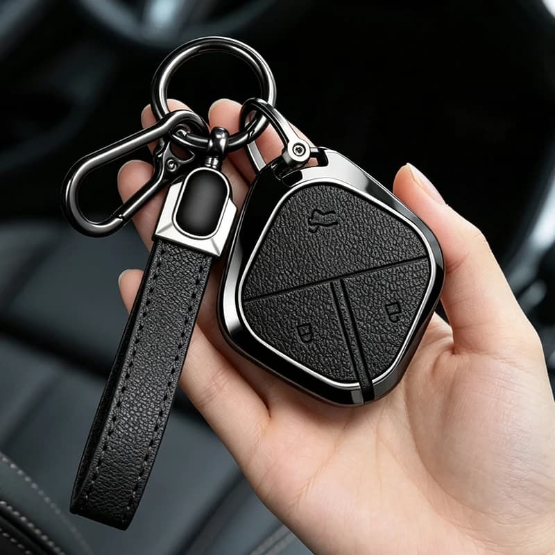 Metal Leather Car Key Case Cover for SGMW Wuling BINGO Airev 2023 Baojun Kiwi EV  Remote Protection Shell Accessories