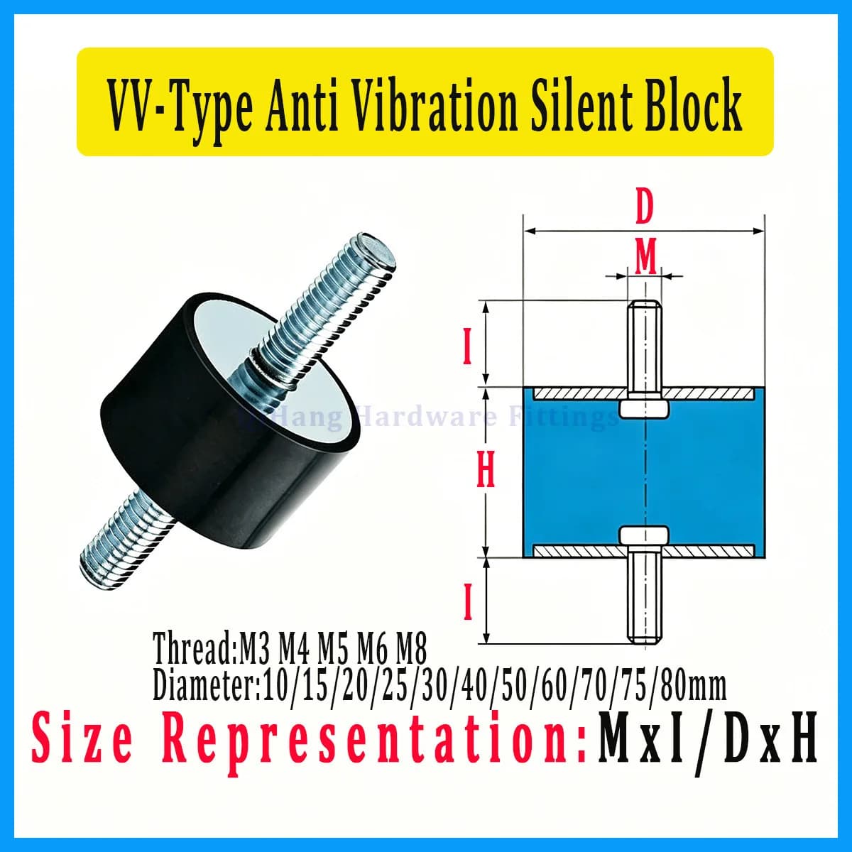 M3-M8 Male Thread Rubber Mount, VV-Type Anti Vibration Silent Block, Dia 8-40mm Shock Absorber for Industrial DIY