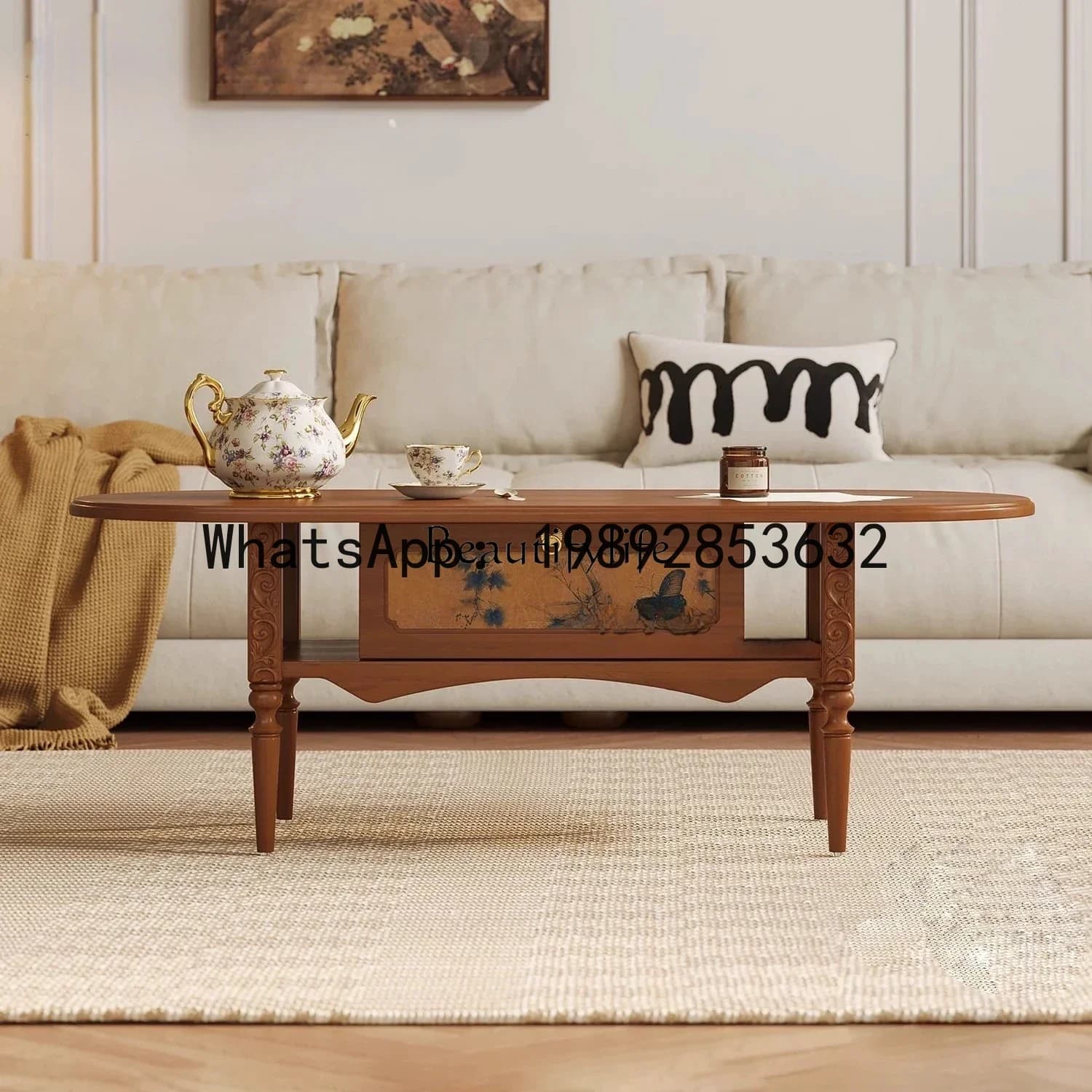 XL Medieval Solid Wood Coffee Table Living Room French Retro Teak Color Fragrant Cloud Yarn Coffee Table