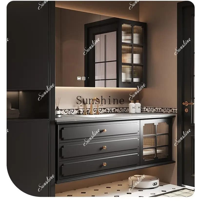 French bathroom cabinet combination bathroom rock slab seamless basin washstand smart mirror customization   FT