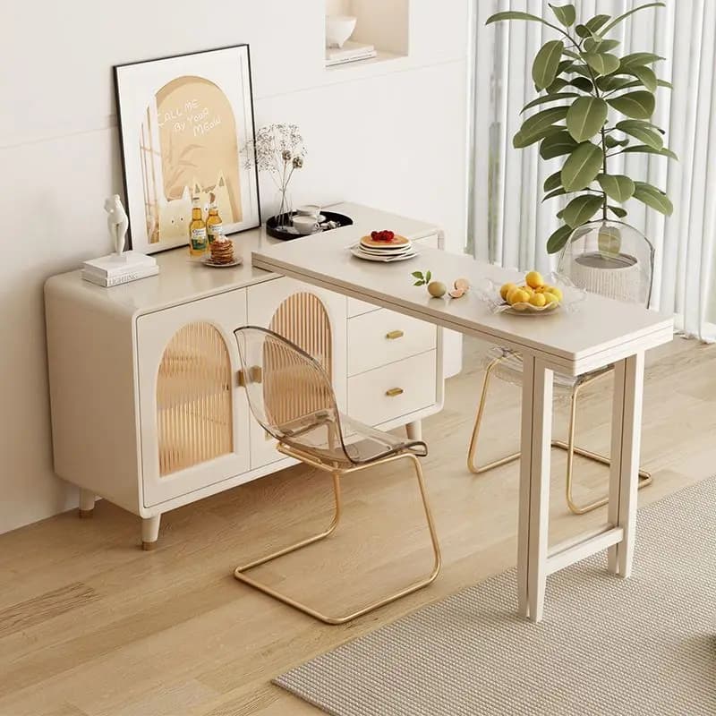 LH cream wind small apartment foldable dining table and side cabinet integrated retractable against the wall