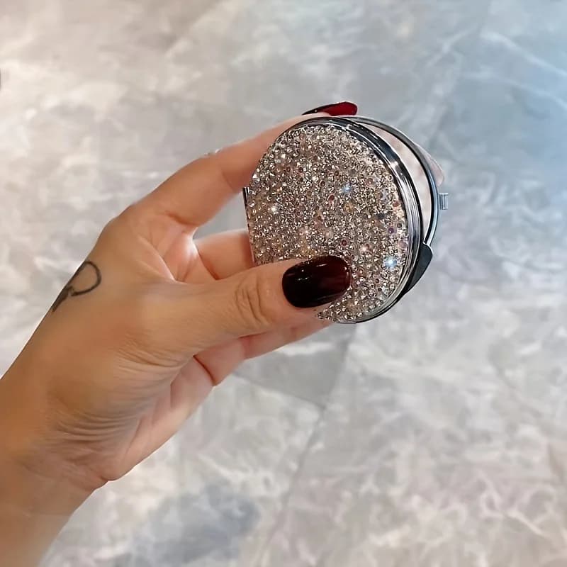 Round mirror, inlaid with artificial diamonds, portable pocket mirror, new mirror for students and girls
