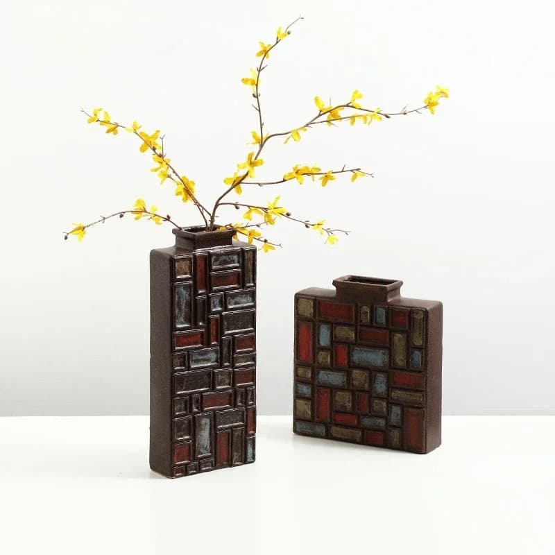 Vintage hand-painted color grid ceramic vase,Nordic style home decor,decorative art vase for home foyer dining table bookshelf