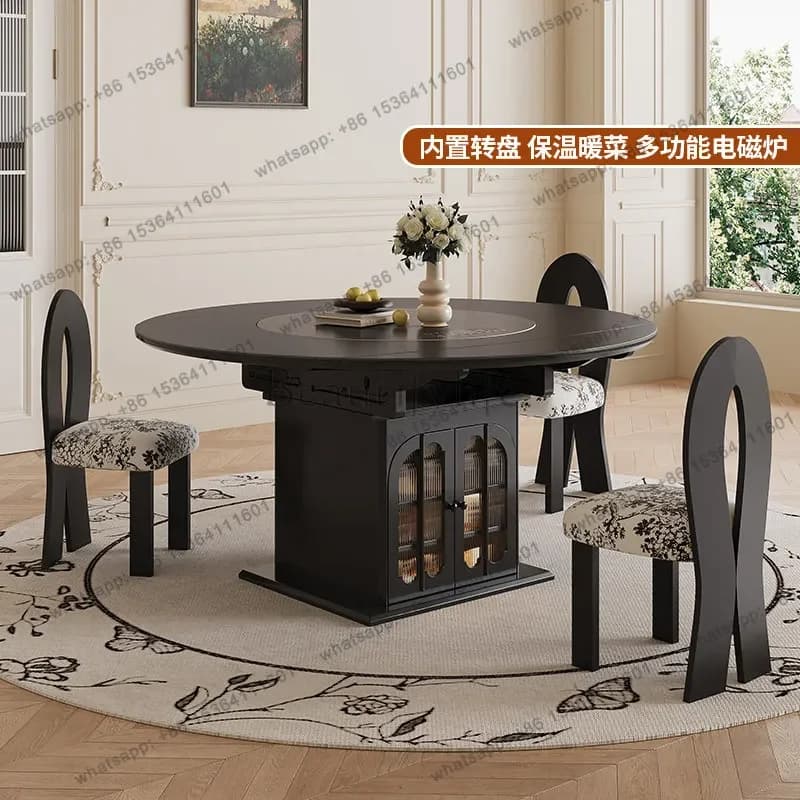 12Retro style black rock slab dining table household small apartment telescopic folding variable round table