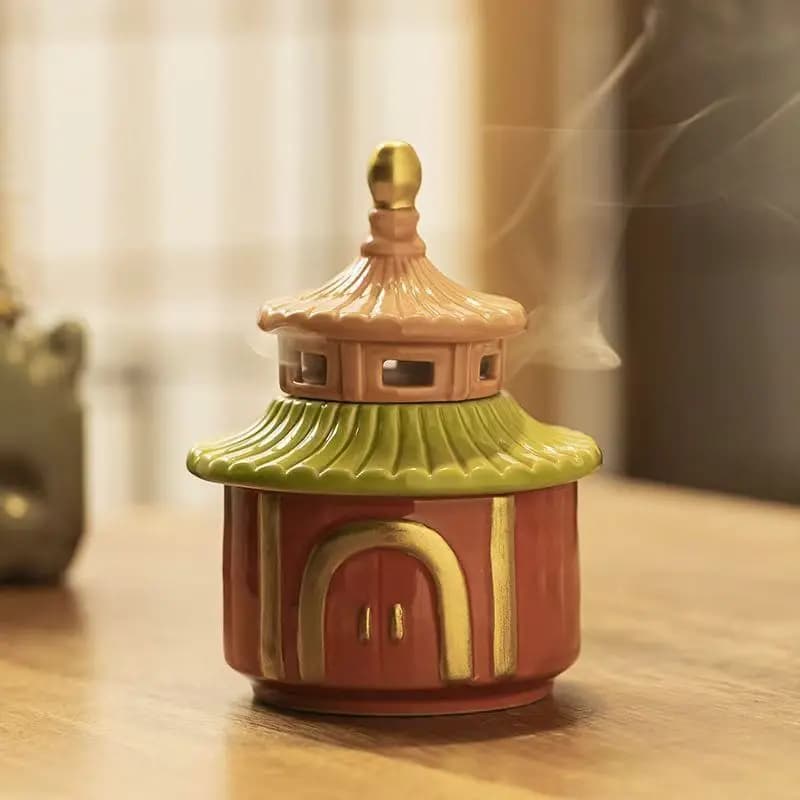 Chinese Ancient Ceramic Temple Pagoda Design Sandalwood Incense Holder Coil Incense Burner Smoking Backflow Censer Home Decor