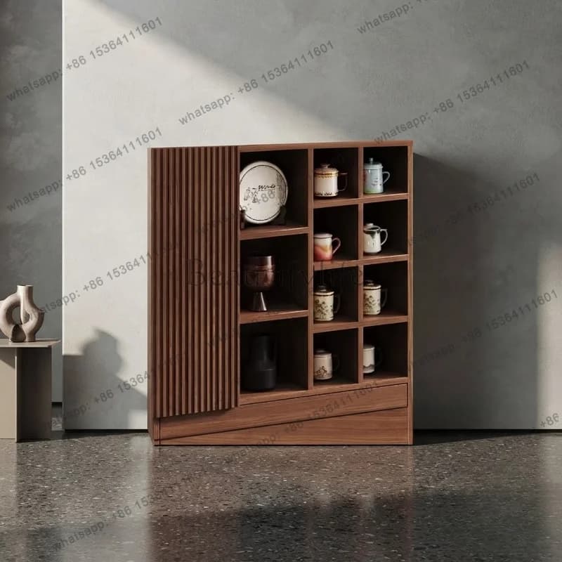 LSFrench Luxury Wood Living Room Cabinet with Organizer Shelves for Coffee Cup Display Furniture Storage